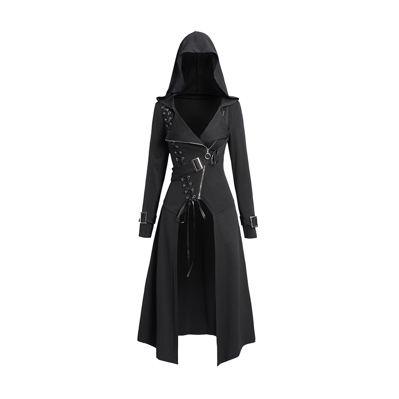 Manteau Gothique Punk à Capuche pour Femme, Vêtement d'Extérieur à Lacets, Fermeture Éclair, Manches sulf, Collection Automne-Hiver