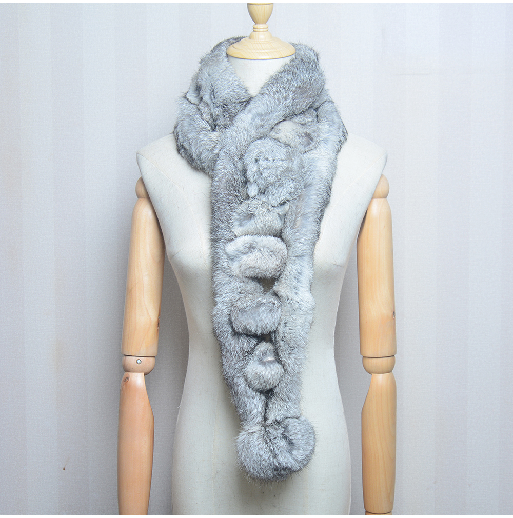 Femmes hiver lapin fourrure écharpe 100% naturel lapin fourrure mode chaud et doux foulard en gros Pompon fourrure foulards bandeaux