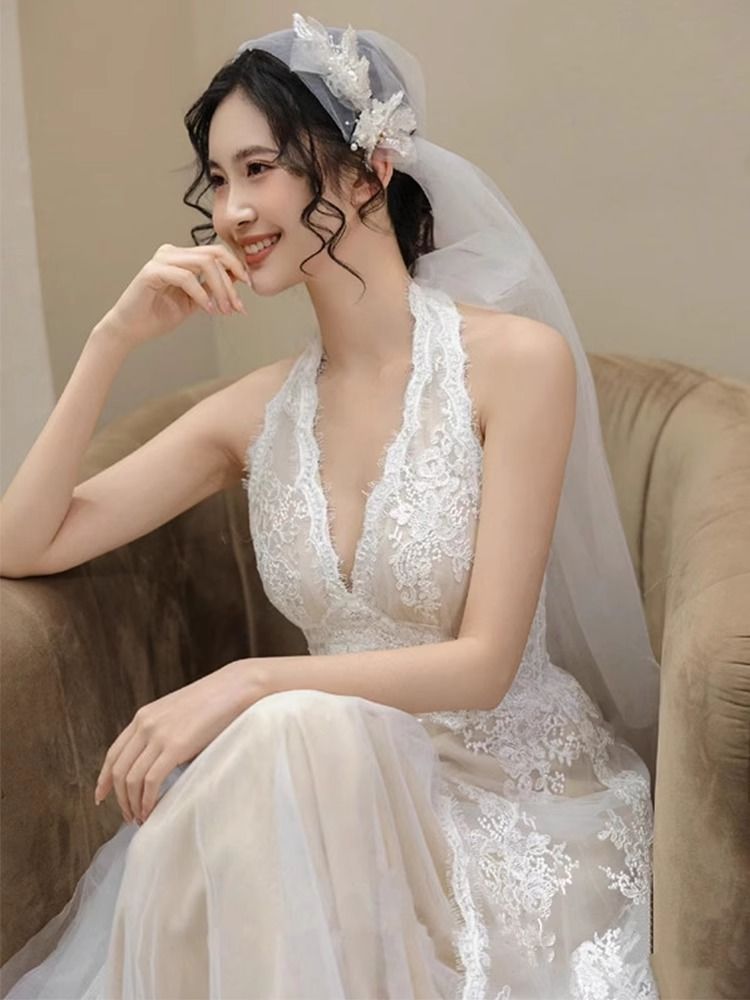 Robe de mariée légère en dentelle pour femmes, Robe de soirée, Banquet, fête d'anniversaire, Robe longue de luxe sans manches
