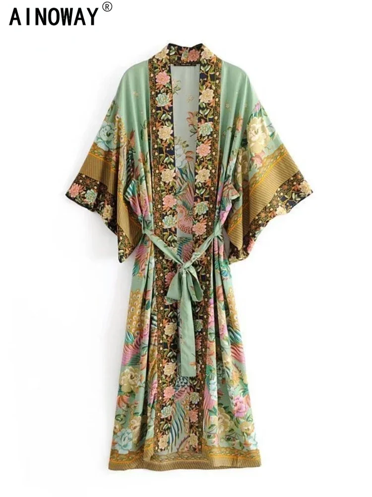 Paon imprimé fleuri manches chauve-souris plage bohème Kimono Robe pour femmes dames vêtements de plage Robe d'été Bikini Boho couvertures