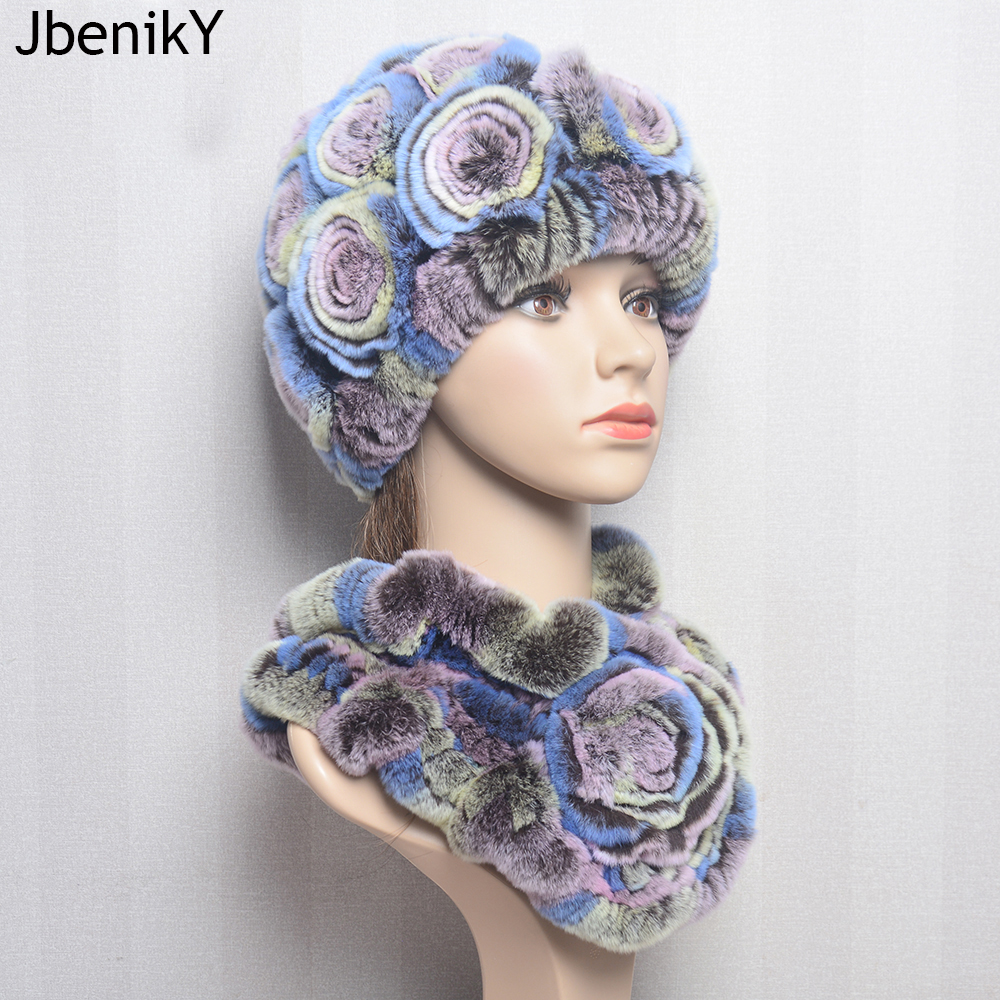 Nouveau femmes hiver fourrure chapeau écharpe ensembles naturel chaud réel Rex lapin fourrure casquette foulards dame tricoté chaud 100% véritable fourrure chapeaux silencieux