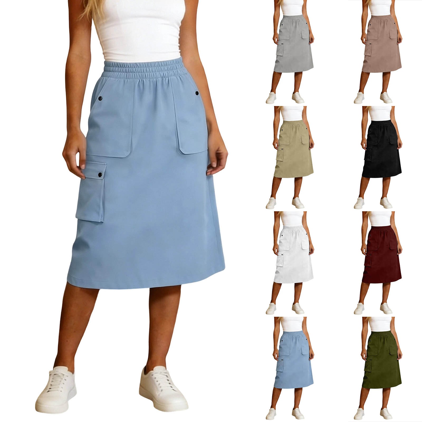 Jupe cargo Harajuku pour femmes, décontractée, unie, taille élastique, jupes de travail, multi-poches, mode coréenne, jupe mi-longue hip-hop, streetwear