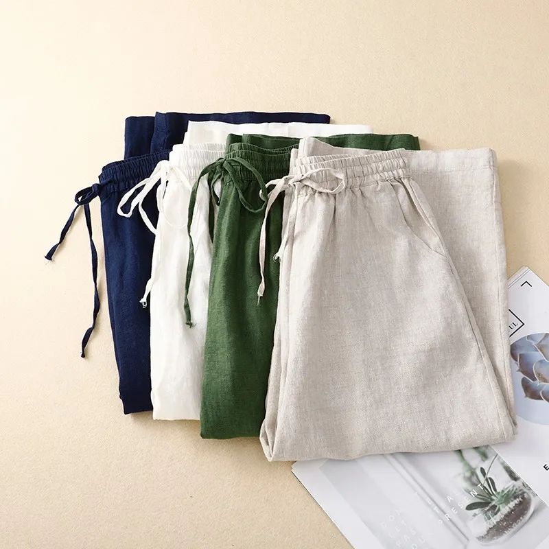 Pantalon en lin de coton pour femme, pantalon à jambes larges, pantalon à longueur de rinçage, vêtements élastiques, monochromatique, mode décontractée
