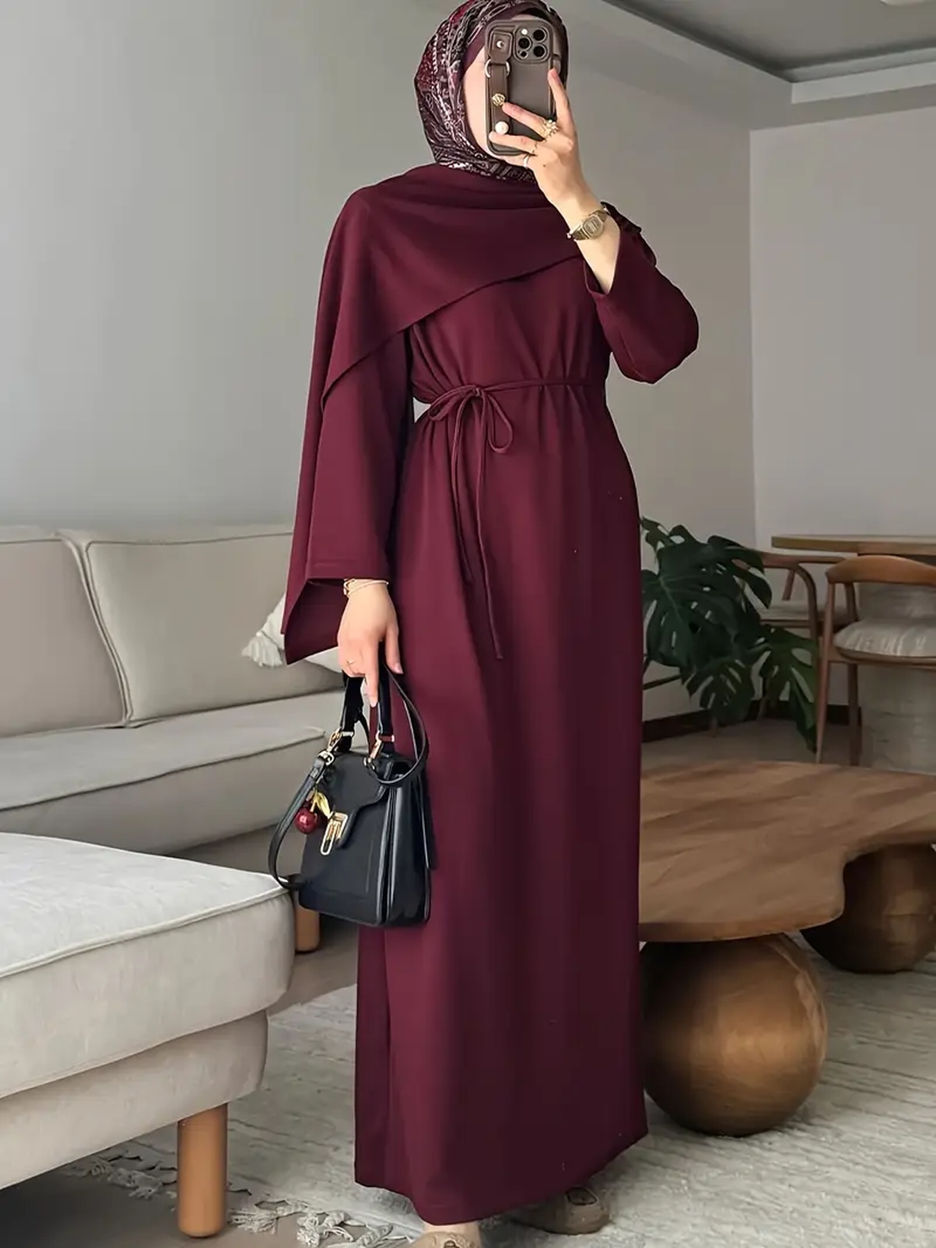 Robe longue élégante décontractée pour femmes, style musulman, couleur unie, manches longues, à lacets, jupe longue
