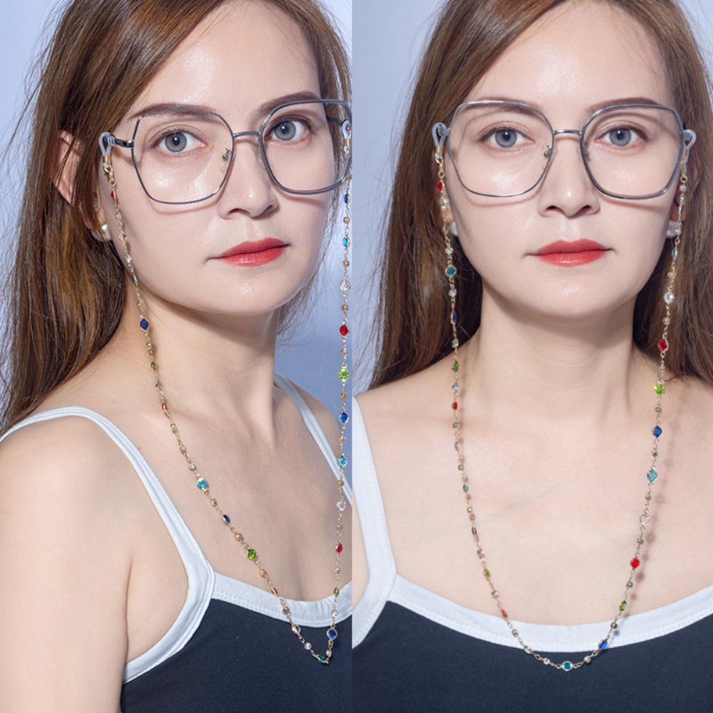 Chaîne de lunettes tendance pour femme, cordon de perles colorées avec texture premium pour éviter le glissement, la perte et l'oubli