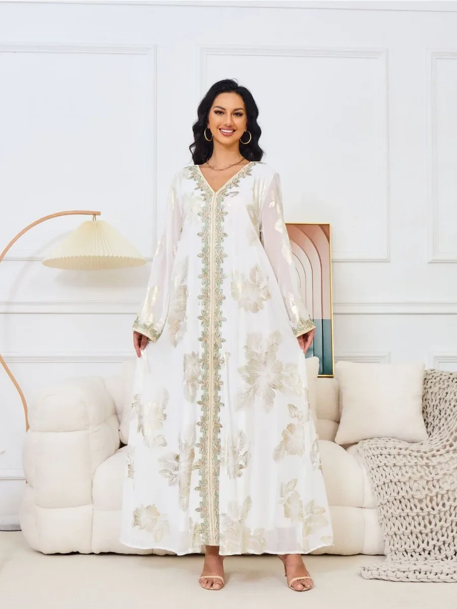 Robe de soirée pour femmes musulmanes, caftan turc, Abaya Jalabiya, robes de Ramadan, caftan marocain, col en V, ceinture brodée, robe éducative, Eid