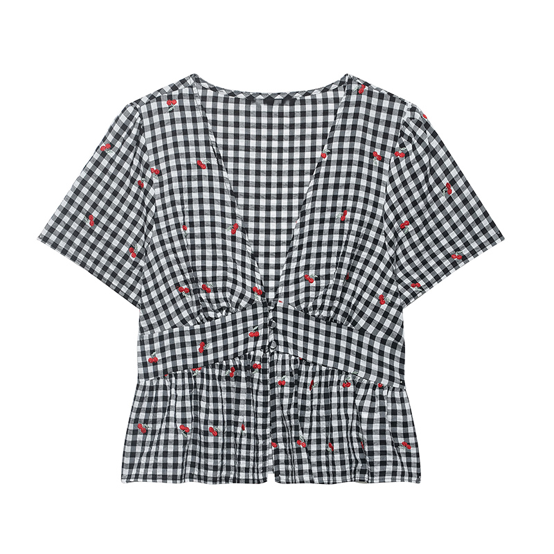 Haut brodé à carreaux pour femme, nouvelle collection été 2026, col en V, style vacances, chic et original