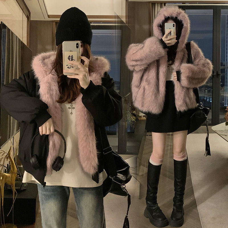 Mode nouvelles vestes d'hiver femmes courtes en vrac double face porter Imitation vison velours fourrure à capuche coton rembourré veste manteaux tendance