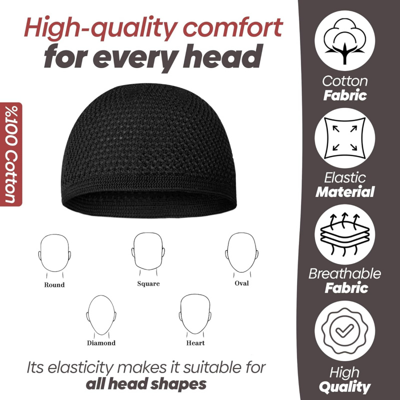 Ensemble de 3 chapeaux Kufi pour hommes, en crochet, Taqiyah respirant et extensible, bonnet noir et blanc, chapeaux de prière islamiques avec 33 perles Tasbih