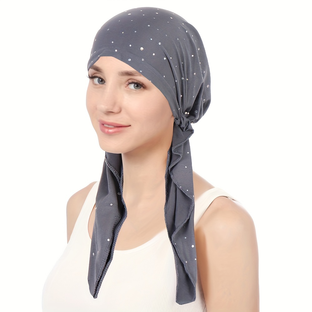 Strass décor Turban chapeau couleur unie élastique bandeau décontracté crâne casquette bonnets chimio casquette pour les femmes