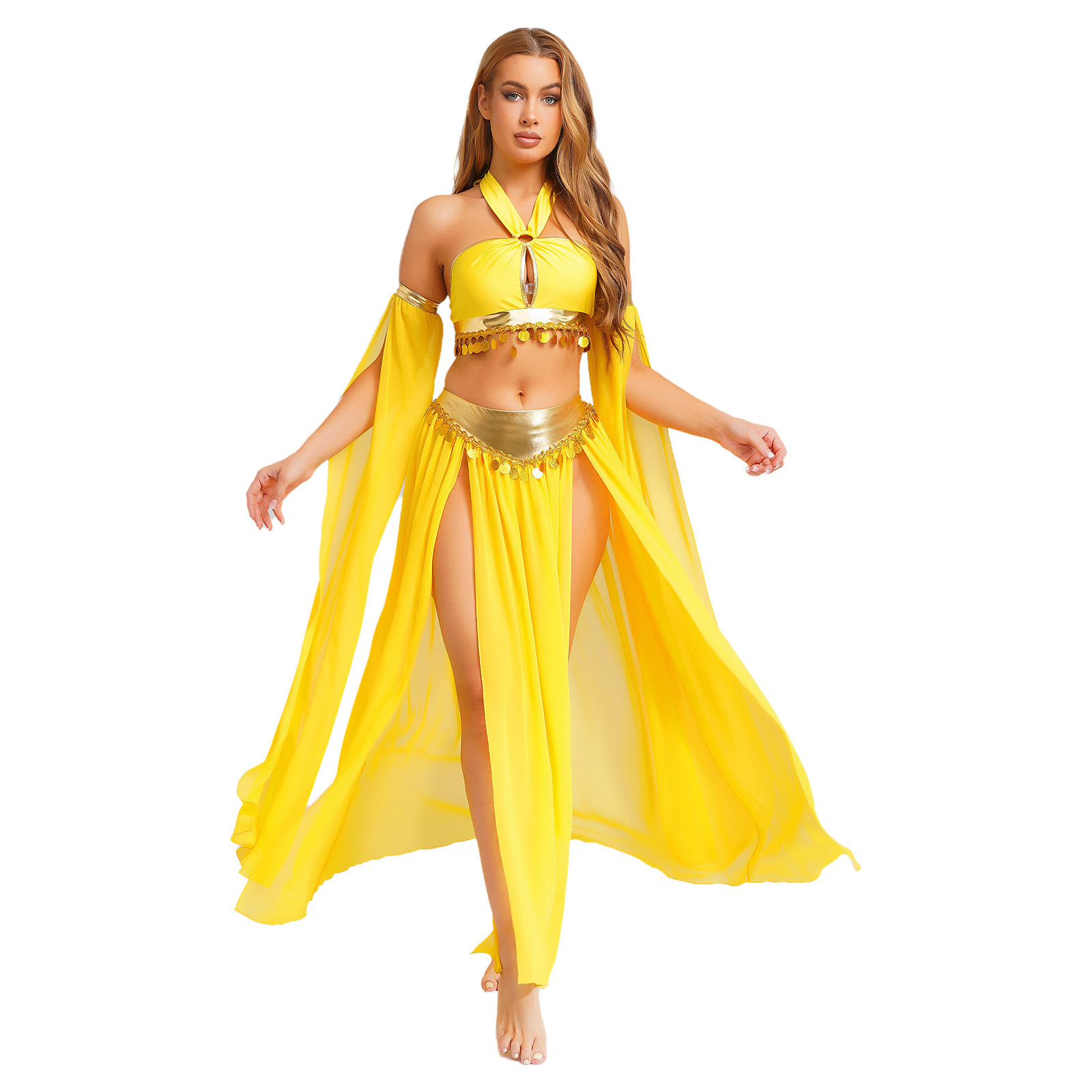 Tenues de danse du ventre indienne orientale pour femmes, Costume de spectacle, haut court à ourlet à paillettes sur le devant avec slip intégré, jupe fendue latérale