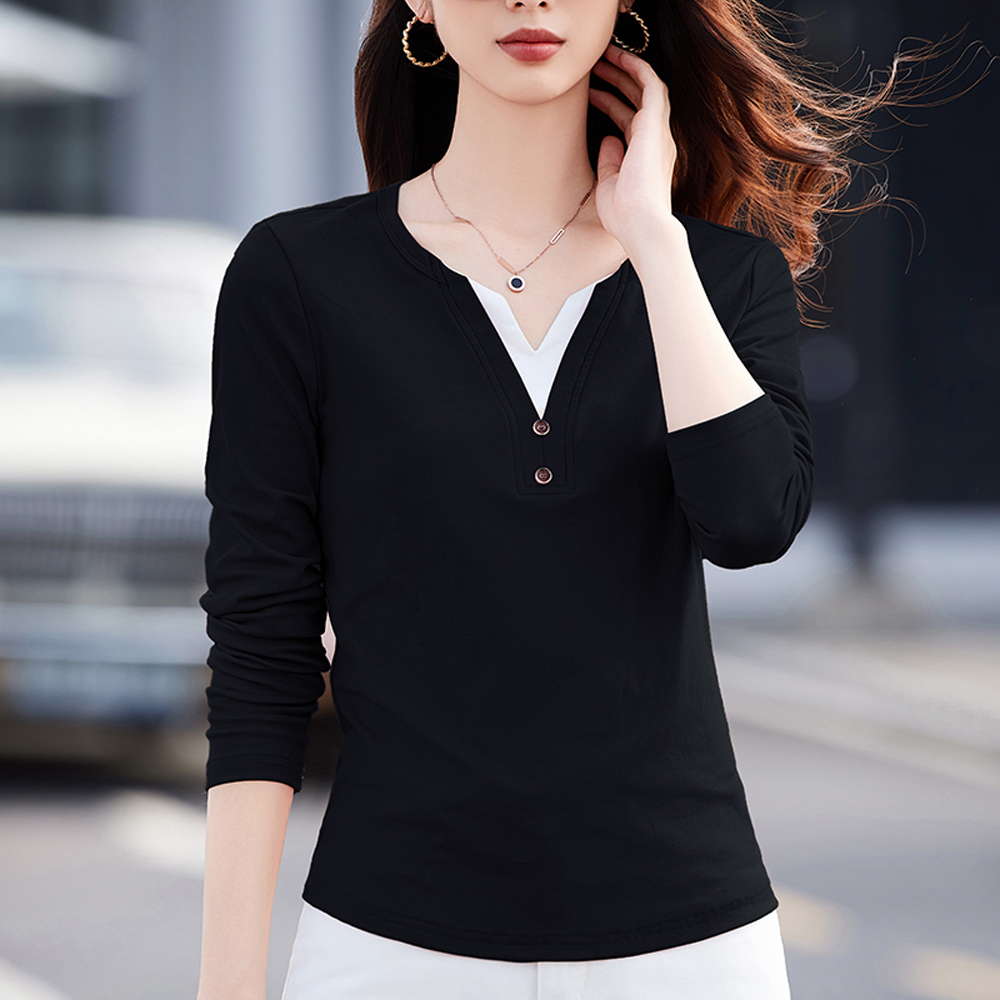 T-shirt rose à manches longues de style coréen pour femmes, nouvelle mode d'automne en coton, grande taille, boutons, coupe cintrée, faux haut deux pièces à col en v