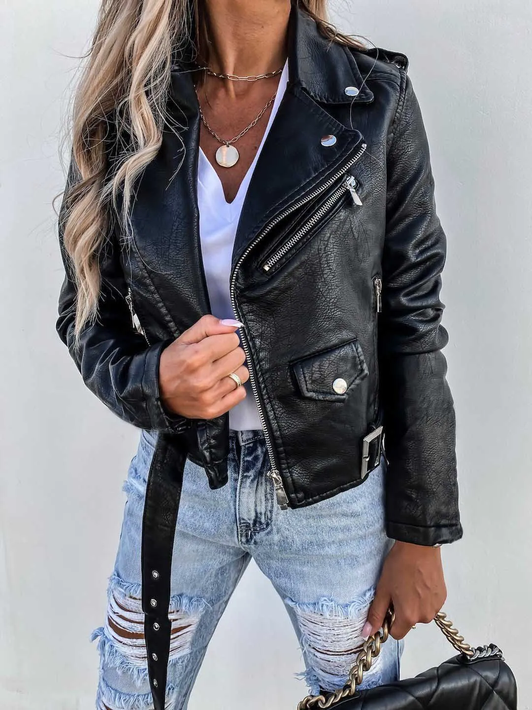 Manteau en cuir PU pour femme, veste zippée Slim Fit, Streetwear épissé, High Street, vêtements d'extérieur solides, vestes de poche, automne 2024
