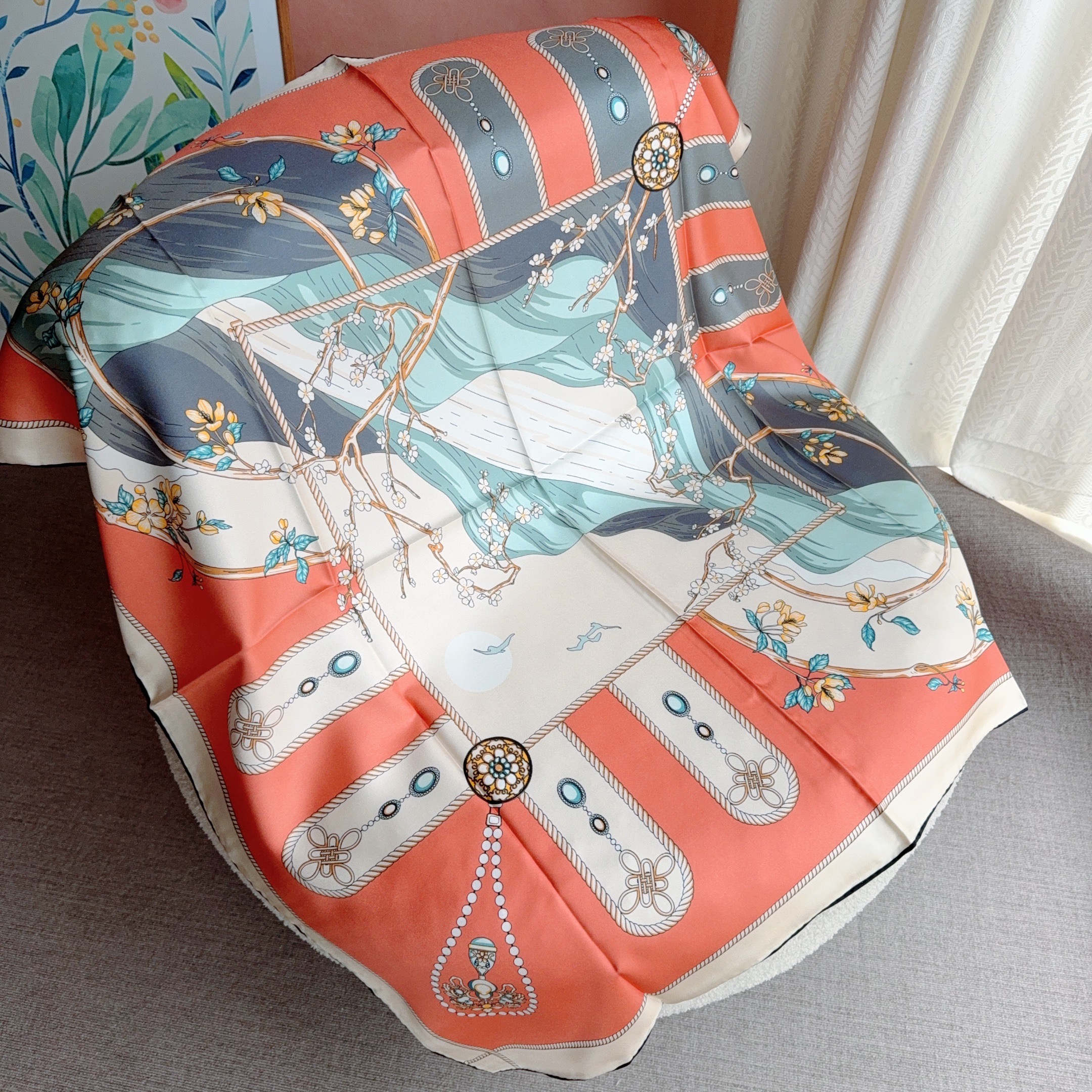 Foulard en Soie 90x90 de Marque de Luxe, Foulards Carrés Imprimés Personnalisés pour Femme, Élégant Châle, Écharpe de Cou, Voile Hijab, Bandeau 2026