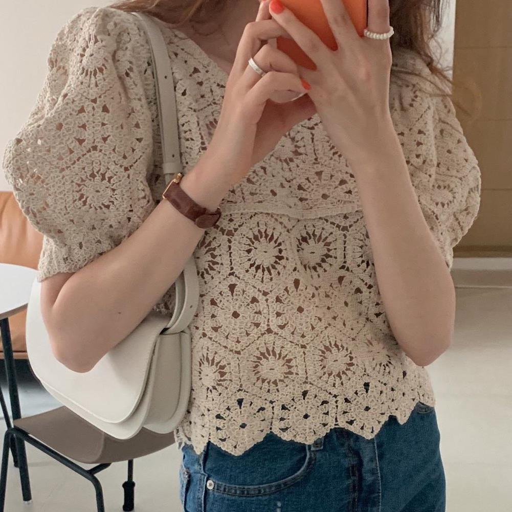Chemisier à manches bouffantes au crochet amissié pour femme, chemise d'été, pull court, haut à la mode