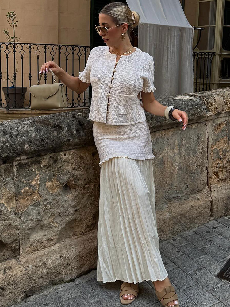 HH femmes élégant solide tricoté jupes ensemble col rond simple boutonnage à manches courtes t-shirts hauts Patchwork jupe bureau dame costumes