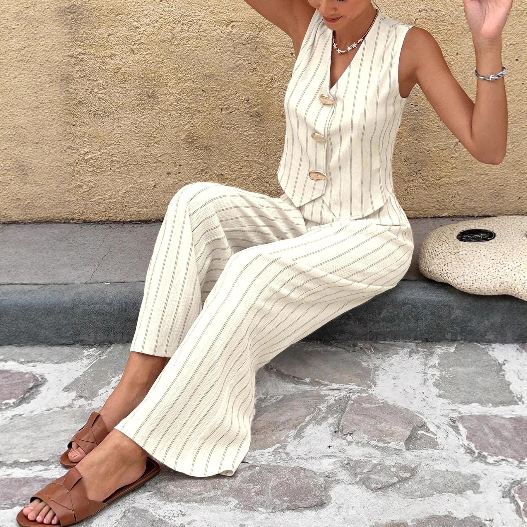 Ensemble 2 pièces rayé pour femme, élégant, col en V, gilet sans manches, pantalon large, tenue décontractée d'été, taille haute, ensembles assortis