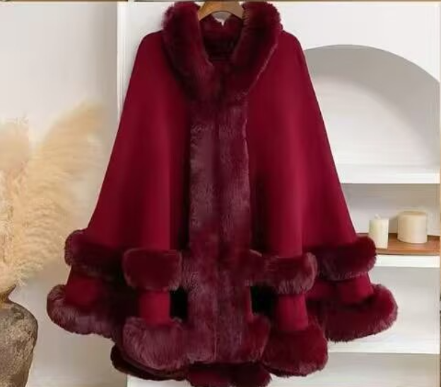 Cape châle extérieure en fausse fourrure de lapin à deux cercles, Poncho Long surdimensionné chaud d'hiver pour femme, pardessus ample avec chapeau