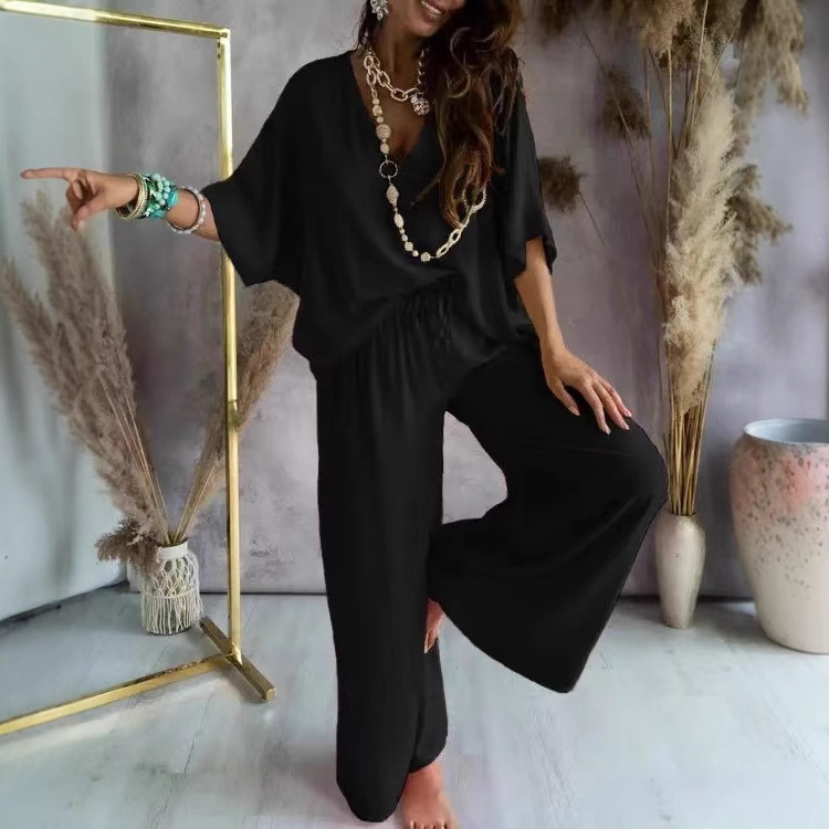 Ensembles amples 2 pièces pour femmes en promotion : Chemisiers à col en V et manches courtes & Pantalons de plage taille haute à jambes larges NMD-3032