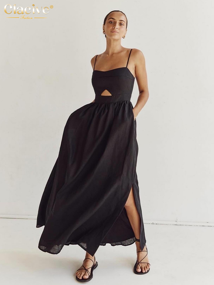 Clacive – robe d'été en coton noir pour femmes, ample, Sexy, bretelles, sans manches, longueur cheville, élégante, ajourée, 2024