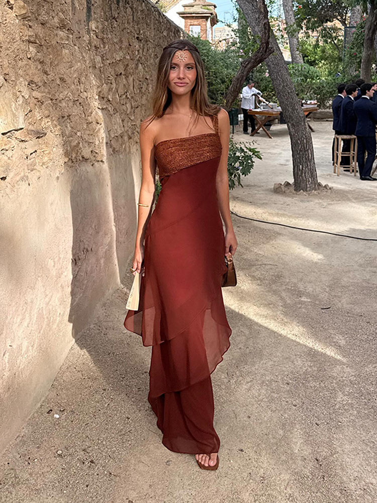 Robe longue élégante patchwork pour femme, sans manches, à col asymétrique et volants en cascade, collection été 2026, chic pour les vacances