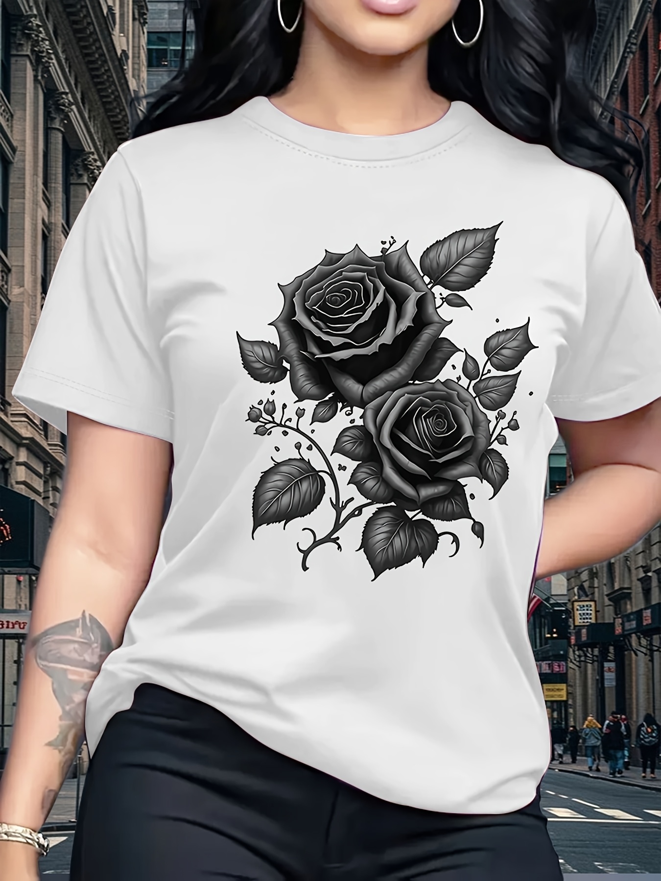 T-shirt à imprimé rose pour femme, col rond, design simple, polyvalent, adapté aux loisirs quotidiens, style naturel et élégant