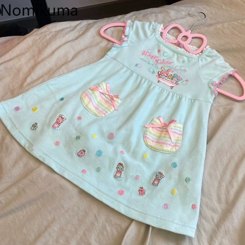 Robe japonaise pour femmes 2025 Vestidos De Mujer Robe d'été brodée mignonne à manches courtes col rond tunique robe douce de dessin animé Femme