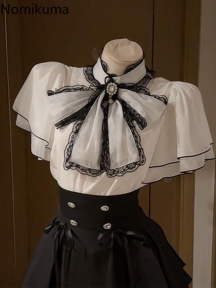 Vêtements japonais pour femmes, ensemble 2 pièces, chemisier à manches évasées avec nœud, taille haute, jupe plissée trapèze, costume de tempérament, tenues d'été