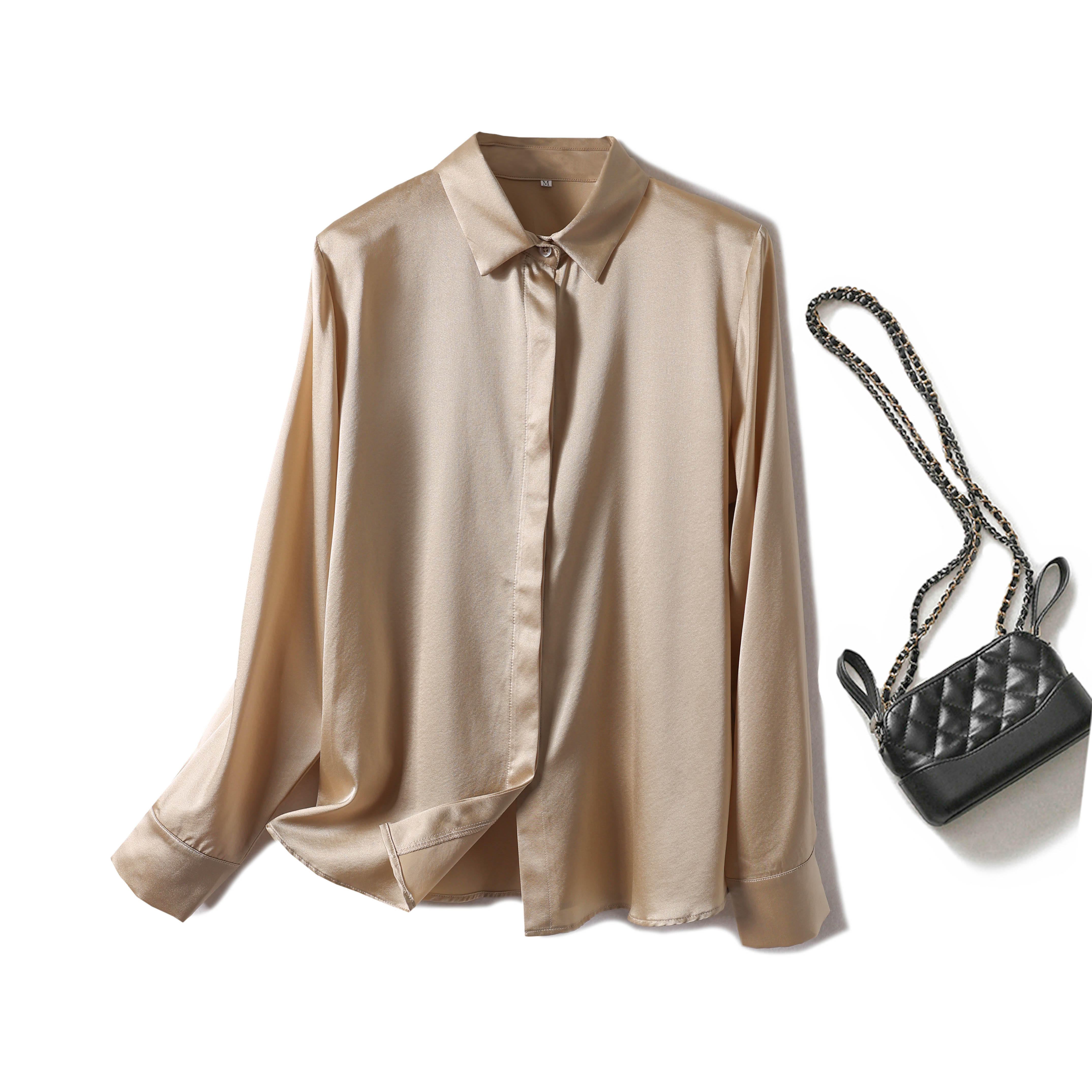 Chemise en soie satinée de luxe pour femme, manches longues, 93% soie de mûrier, style bureau pour le printemps/été