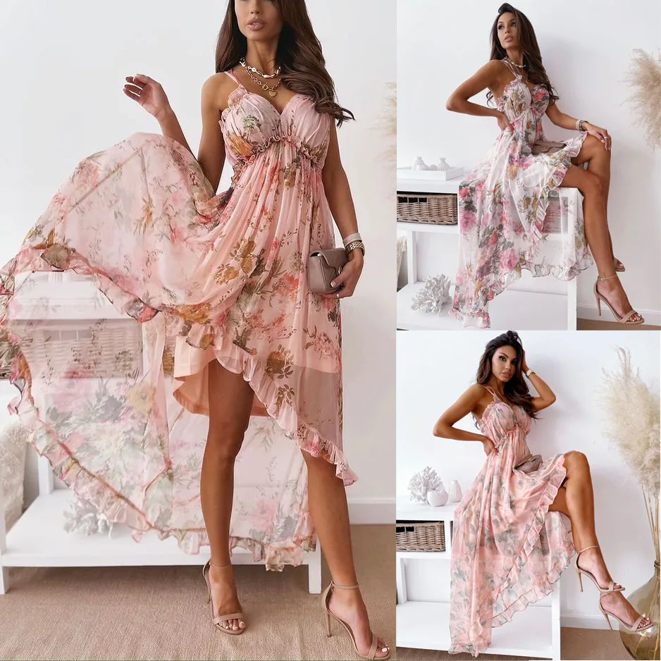BWQ Sexy col en V rétro imprimé femmes robe en mousseline de soie élégant dos nu été Maxi robe femmes sans manches plage Style robe robes