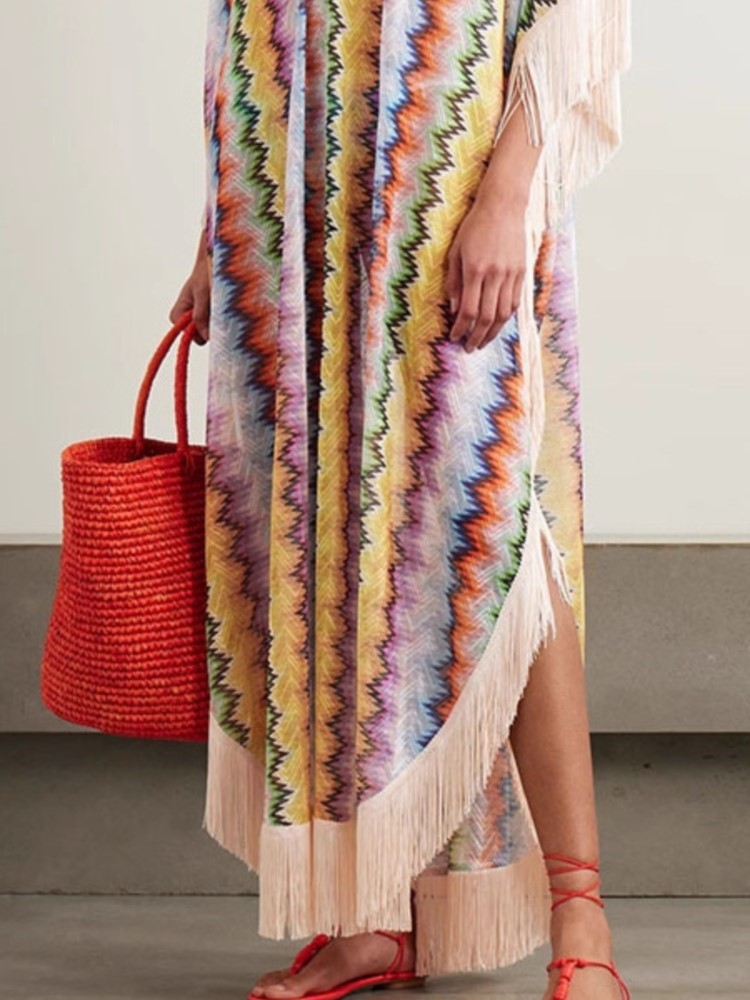 Robe longue style bohémien imprimé ondulé pour femmes, mode décontractée, Style vacances, col en v irrégulier, ample, pompon, Patchwork, robe de plage