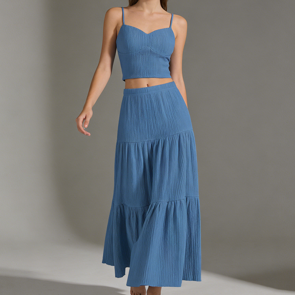 Ensemble décontracté d'été pour femme : caraco sans manches et jupe fluide – Tenue de plage légère et confortable en deux pièces