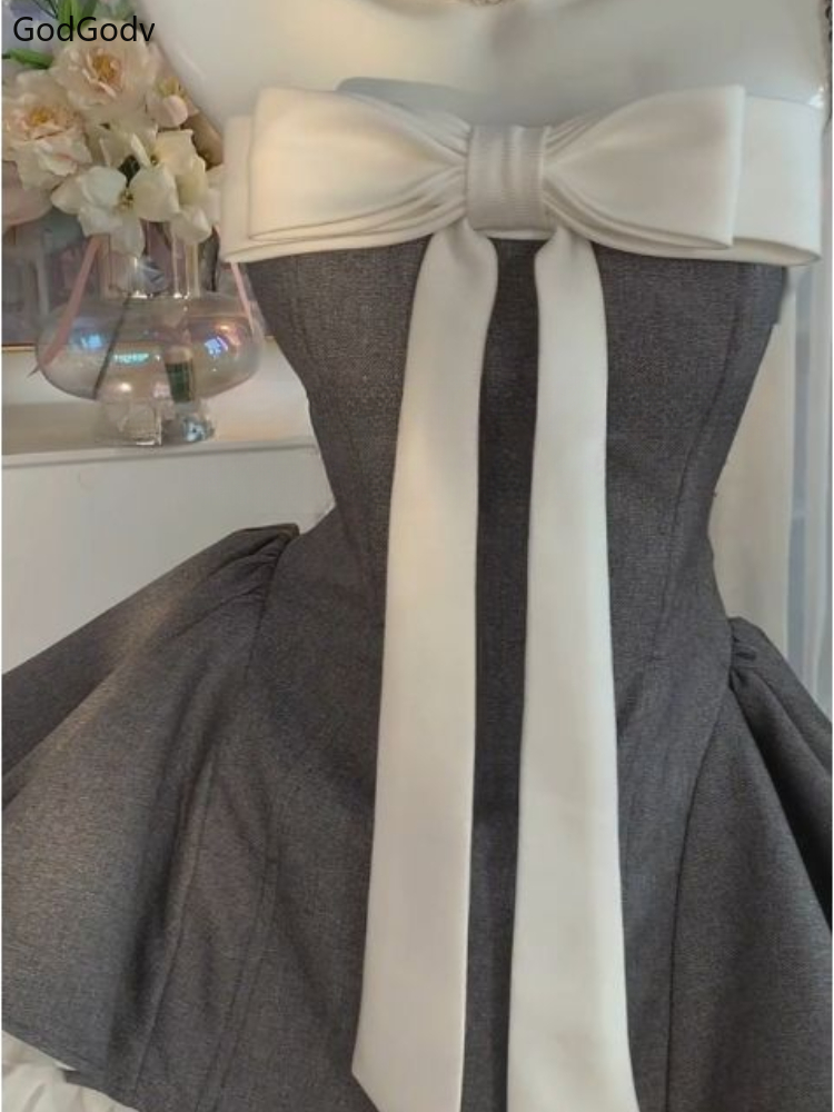 Robe d'été Vintage élégante pour femme, sans bretelles, avec nœud, Patchwork, taille haute, bouffante, Mini, Chic français, tenues Sexy, nouvelle collection 2025