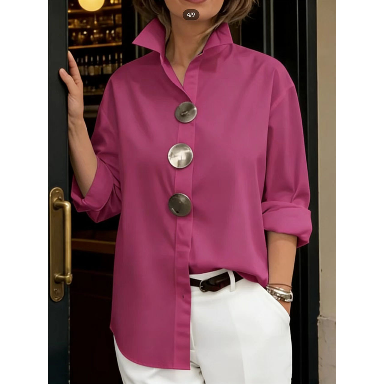 Chemisier Chic Femme à Trois Boutons Manches Longues Élégant Oversize Vintage Printemps Basique Col Haut pour Vacances