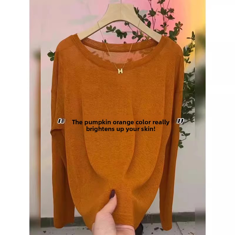 T-shirt ample à manches longues en soie glacée bleue, nouveau style d'été, vêtement de voyage, chemise de protection solaire, t-shirt amincissant coupe trapèze pour femme