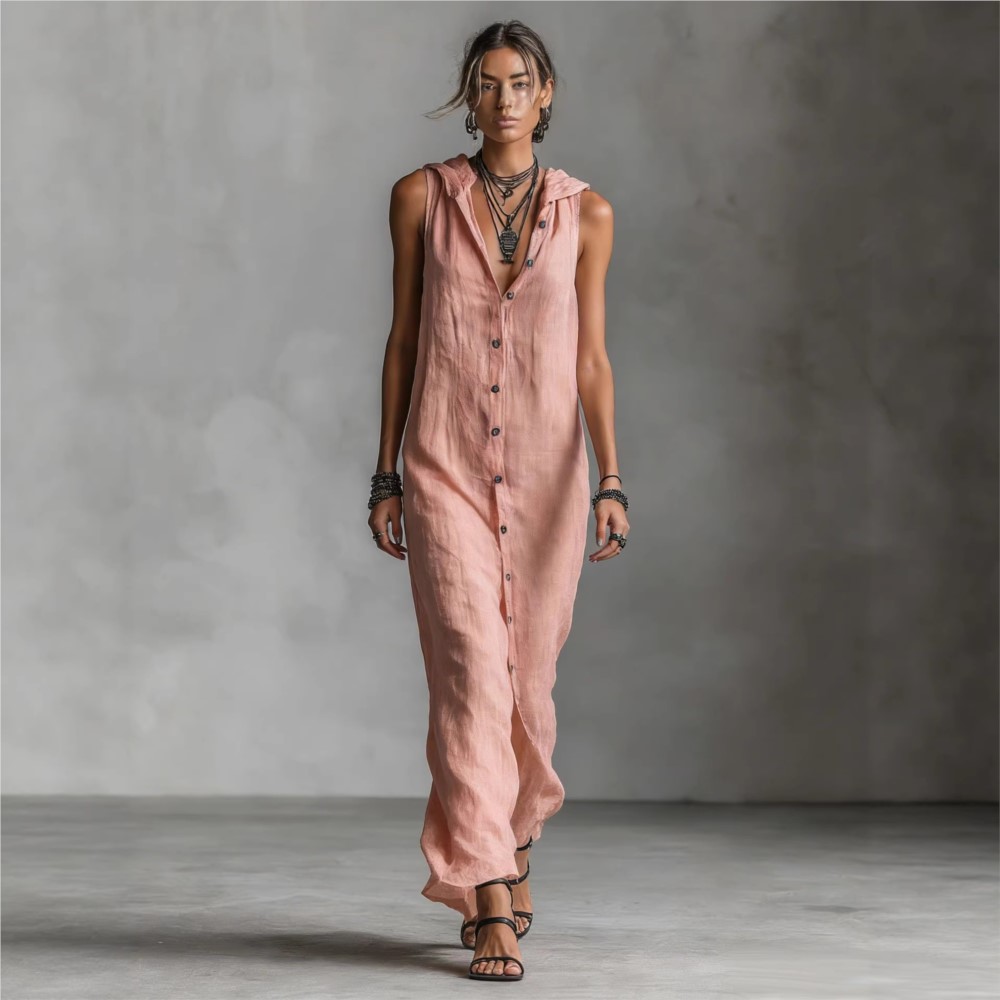 Robe longue décontractée à capuche pour femme, nouvelle mode estivale, élégante, sans manches, ajustée, à bouton unique, collection 2026