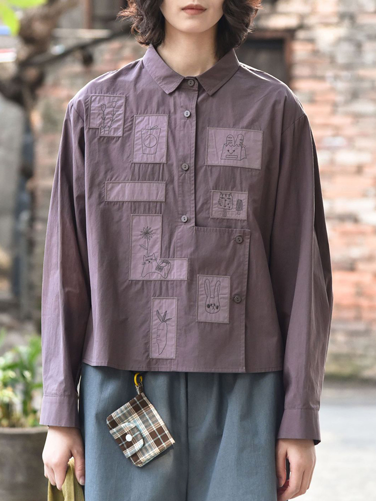 [EAM] Nouvelle Blouse Décontractée Grande Taille pour Femme avec Broderie Blanche, Col Revers, Manches Longues, Tendance Mode Pr