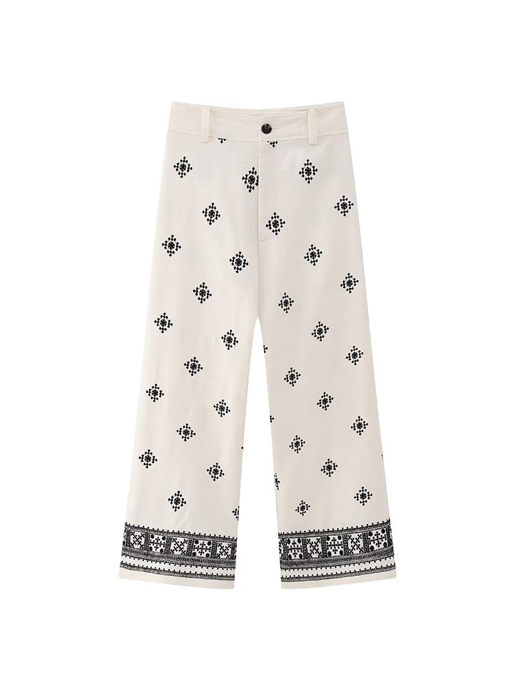 Pantalon Vintage en lin pour femmes, ample, style Boho, mode dames, Vocation, broderie douce, bas décontracté, Chic, été, 2023