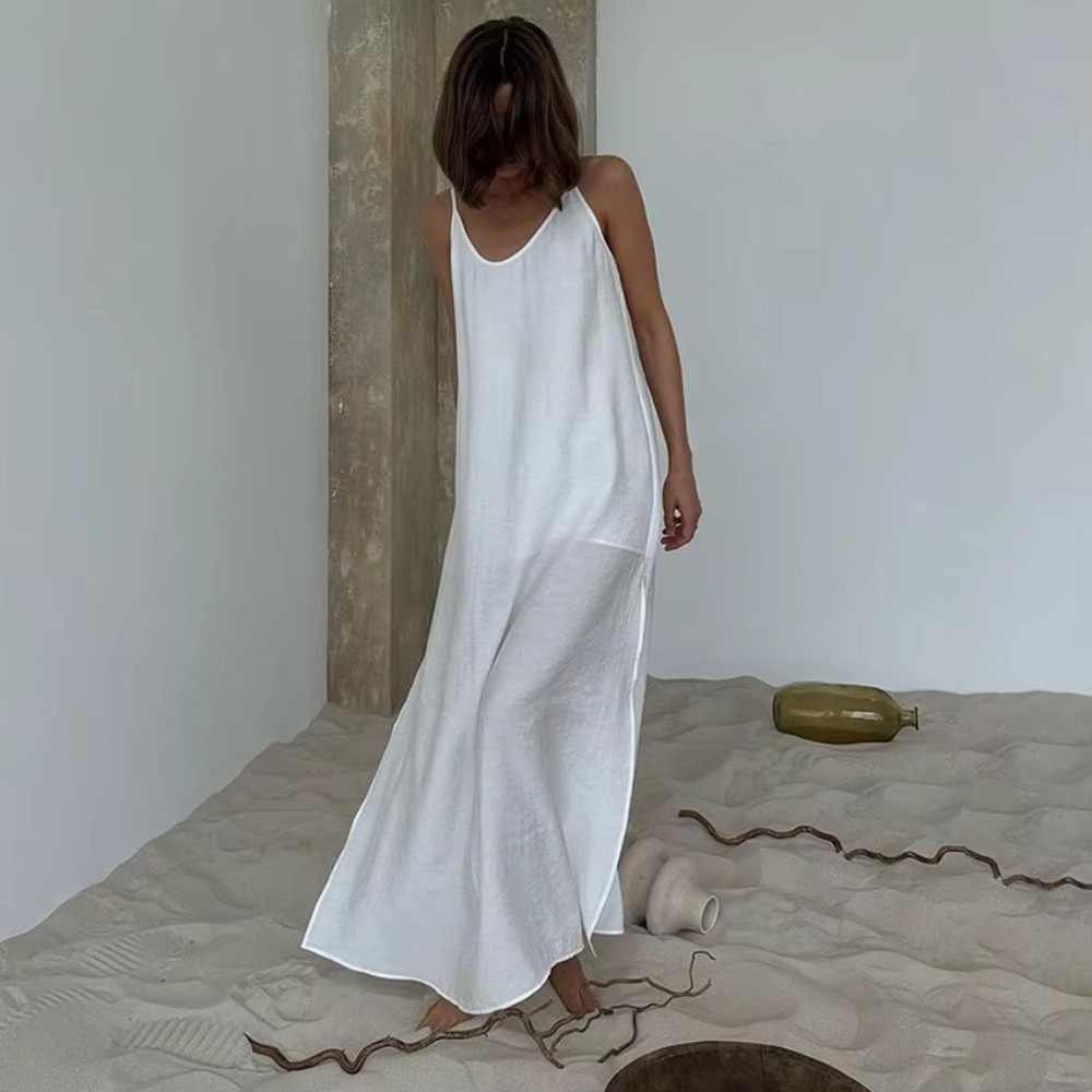 Robe longue décontractée à col en V, sans manches, dos nu, blanche, coupe droite, pour femme, été