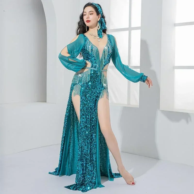 Vêtements de concours de danse orientale, Costume de spectacle de danse du ventre pour femmes, robe légère de luxe à paillettes avec pierres AB et franges pour adultes