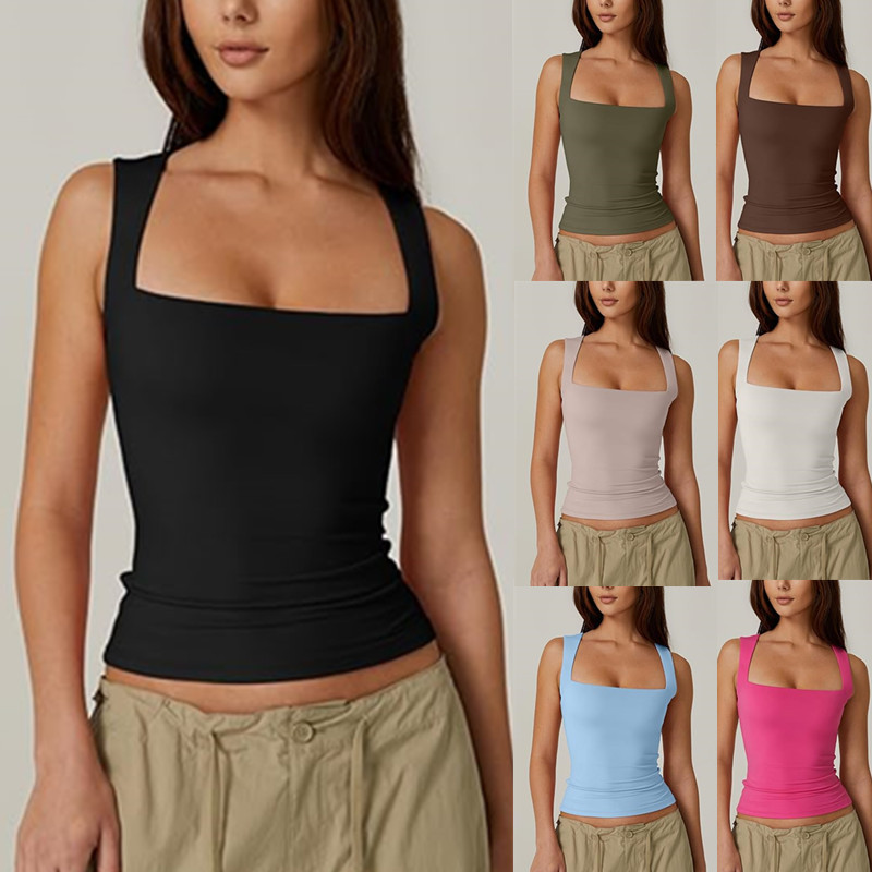 Nouveau gilet femme serré col carré 9 couleurs Sexy à la mode haut de rue sans manches noir bretelles sangle réservoir blanc