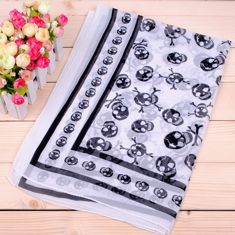Foulard en Chiffon Georgette Imprimé Crâne pour Femme 150*50cm, Écharpe Bandana Élégante, Longue Étole, Hijab, Protection Solaire Estivale, Foulards de Plage