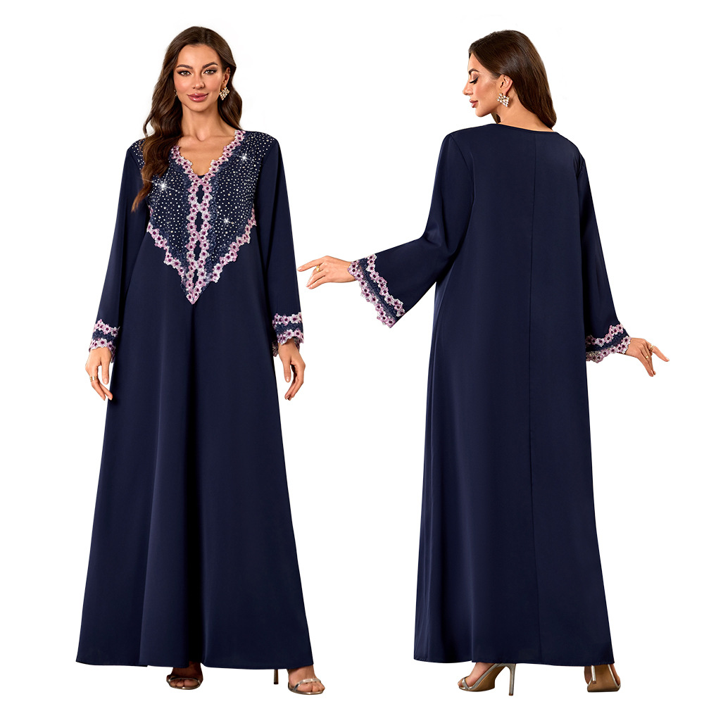Nouvelle mode Dubaï Arabe Musulmane 2026 – Robe Abaya Femme Ample, Élégante et Luxueuse, Bleu Marine, Col en V, Manches Longues, Longueur Cheville