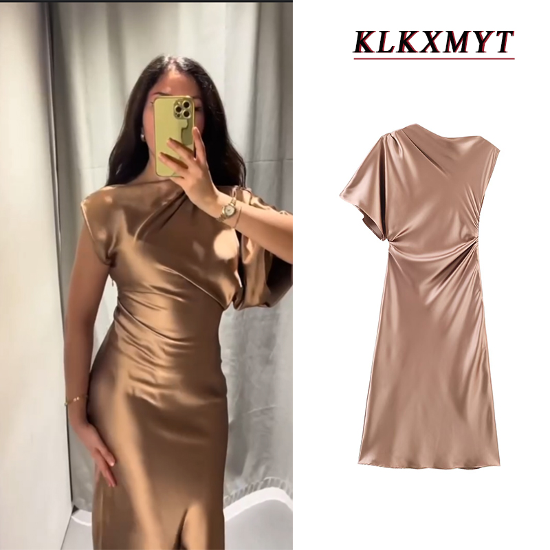 Robe de soirée asymétrique en satin de soie pour femme, robe de soirée sexy à épaules dénudées, printemps été ﻿   Robe élégante