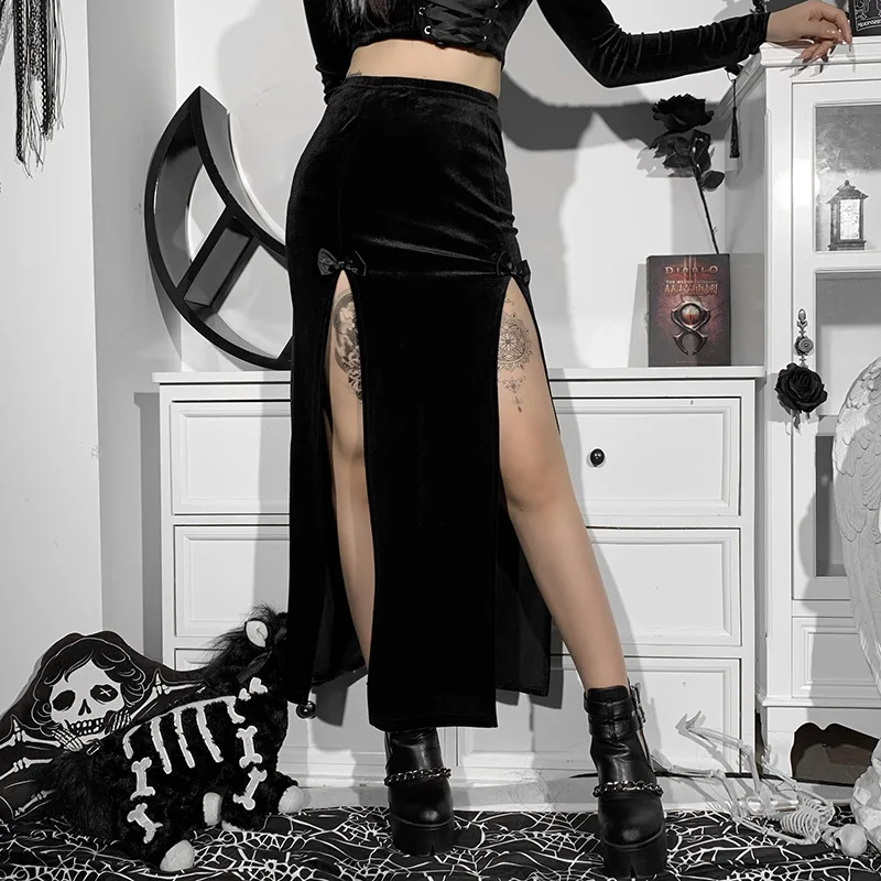 Jupe longue de fête chic pour femme, style punk, nouvelle collection, taille haute, coupe ajustée, avec nœud sexy et fente latérale, longueur genou, idéale pour Halloween