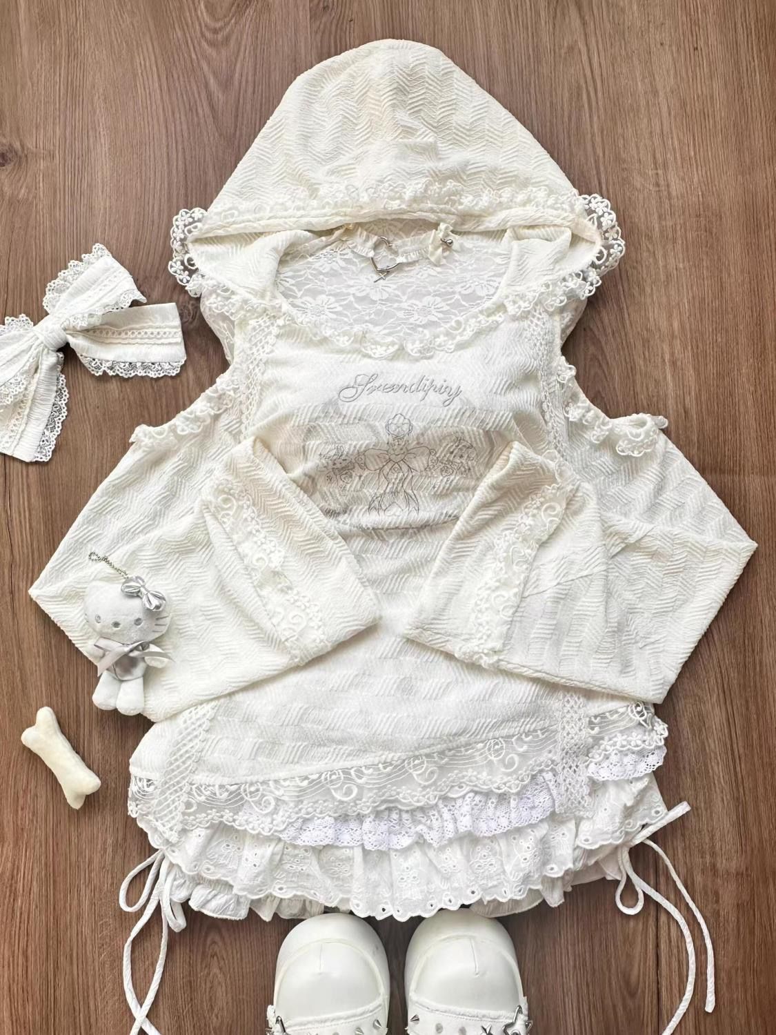 Manteau à Capuche et Jupe de Gâteau Taille Haute pour Femme, Manches sulf, Mignon, Mignon, Japonais, Kawaii, Solide, Design, Hiver, Nouveau, Ensemble 2 Pièces