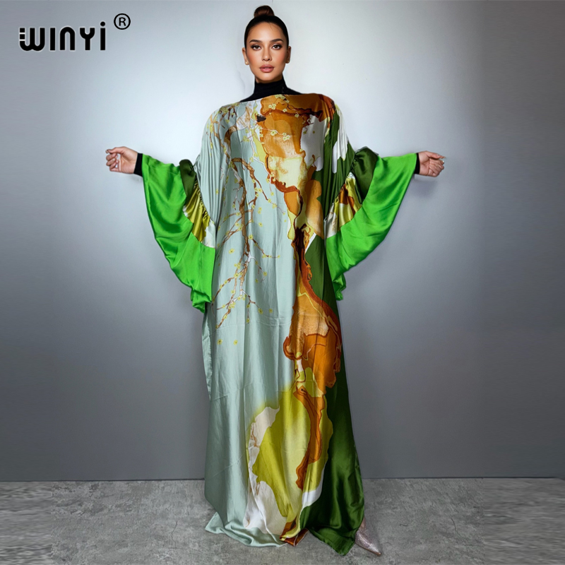 WINYI Robe de soirée bohème d'été à manches bouffantes, Abaya de luxe de Dubaï, Kaftan ample imprimé pour femme, Vêtement musulman, Robe de plage