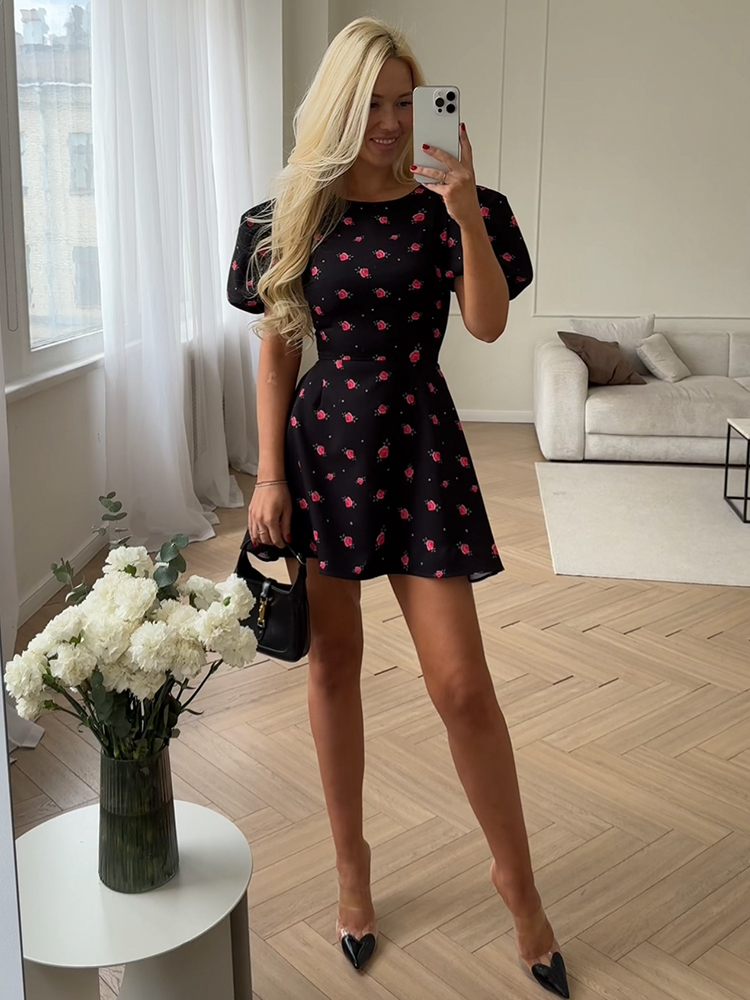Robes à imprimé floral pour femmes, Streetwear sexy, Manches bouffantes, Col rond, A-ligne, Élégant, Mini, Éducatif, Femme, Slim Fit, Mode
