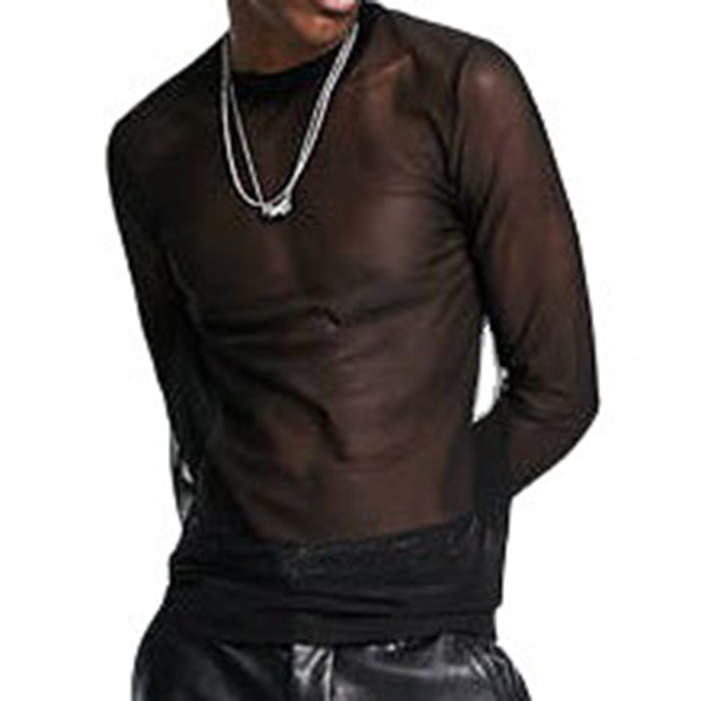 Vêtements pour hommes Sexy Transparent solide noir maille à manches longues T-Shirts Muscle sport fête Clubwear hauts t-shirt pour hommes