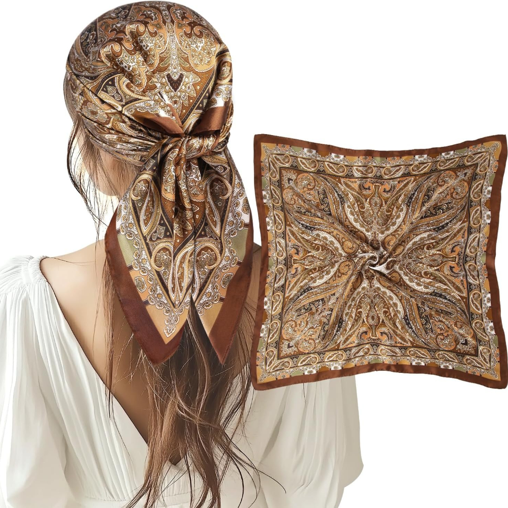 1 pièces 27,5 pouces foulard en satin soie comme écharpe de cheveux tache Bandana enveloppe de cheveux foulard pour les femmes (marron)
